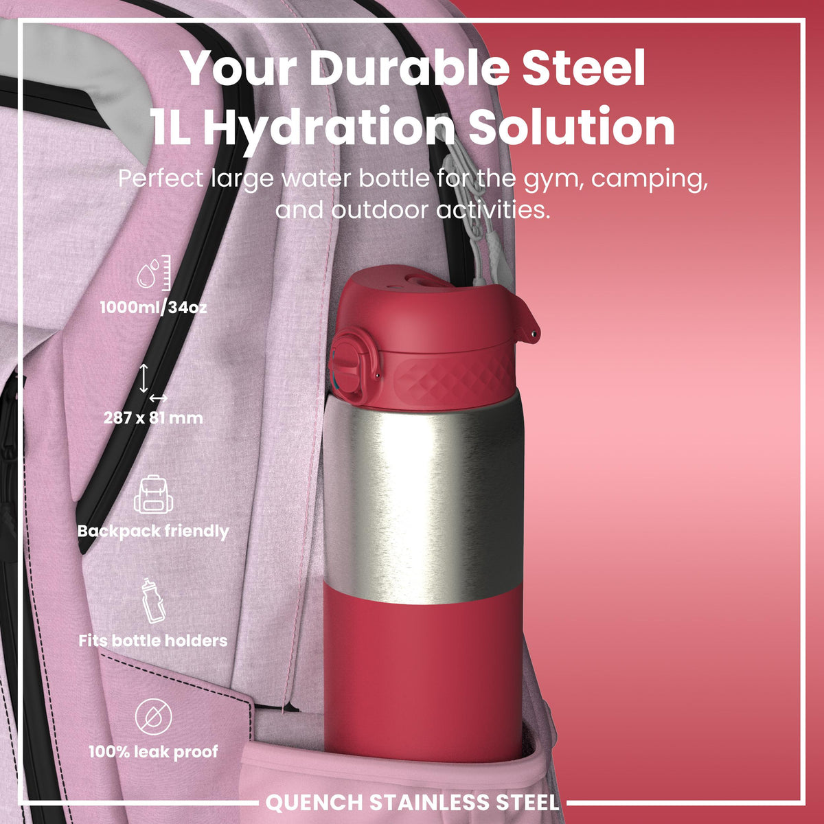Leak Proof 1 Litre Water Bottle, Stainless Steel, Half-Cut, Magenta, 1L