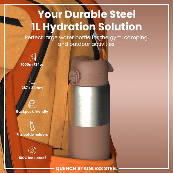 Leak Proof 1 Litre Thermal Water Bottle, Insulated, Half-Cut, Mocha, 1L