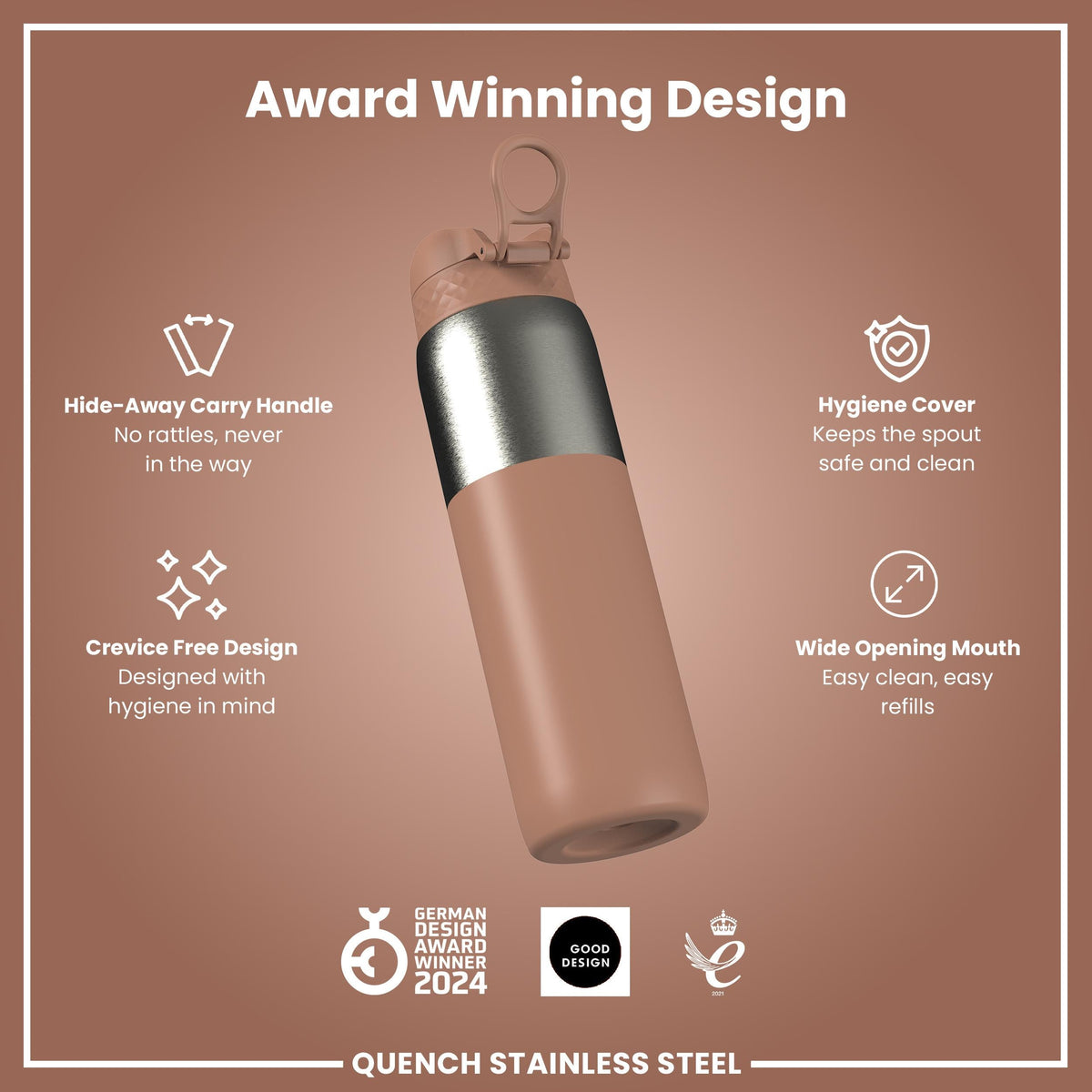 Leak Proof 1 Litre Thermal Water Bottle, Insulated, Half-Cut, Mocha, 1L