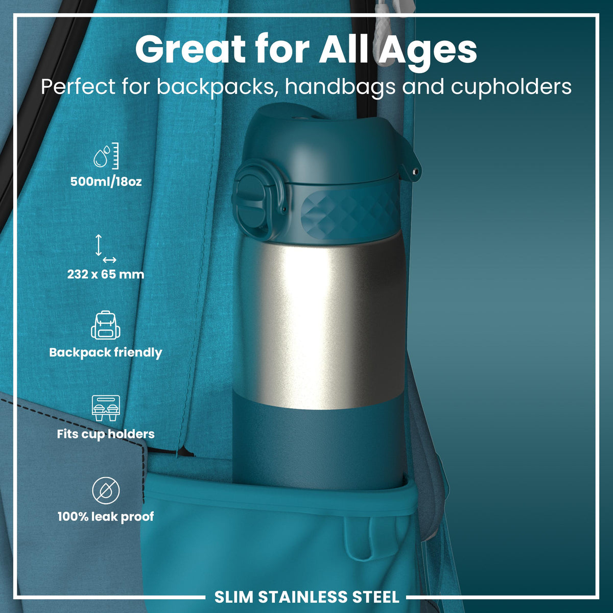 Leak Proof Slim Water Bottle, Stainless Steel, Half-Cut, Teal, 600ml (20oz)