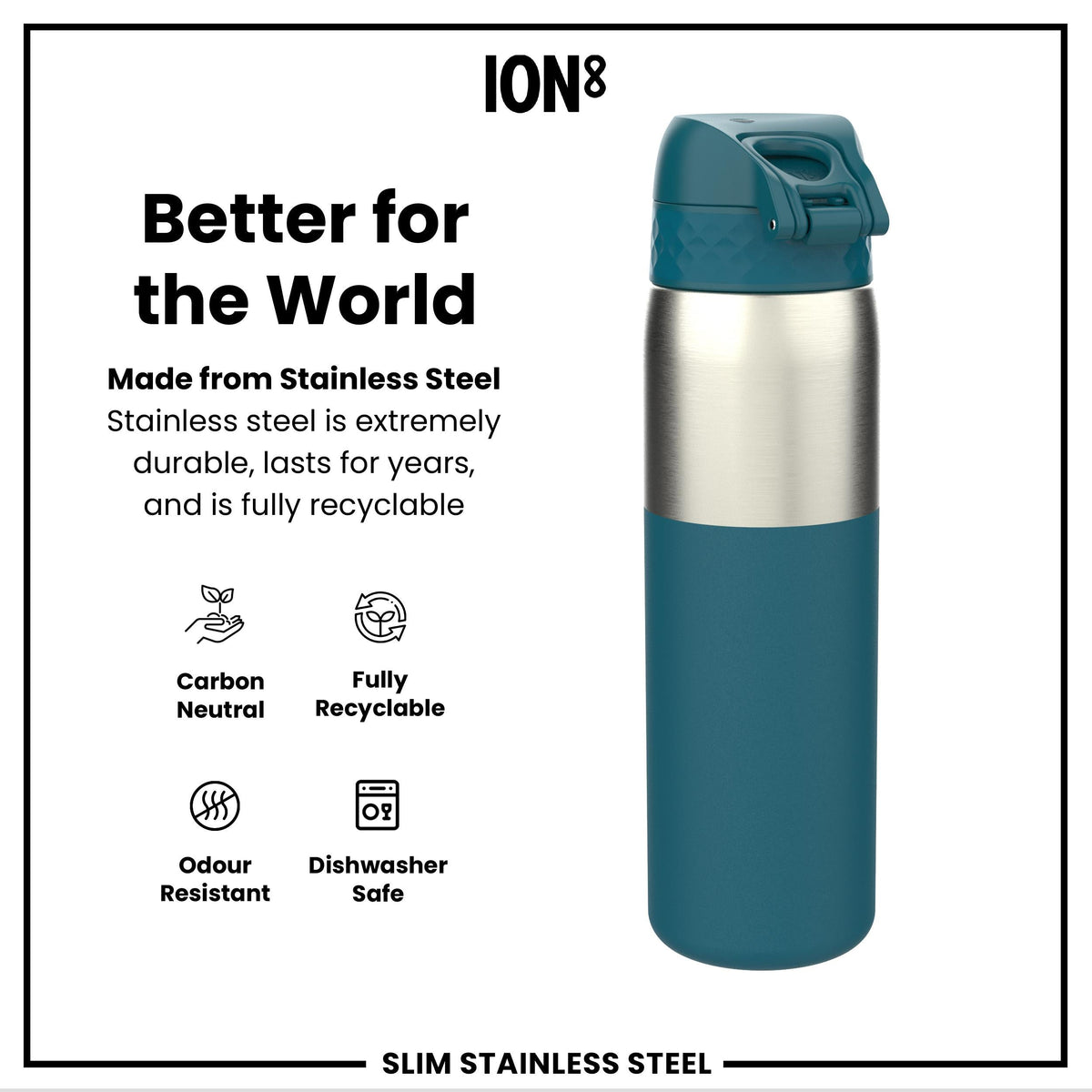 Leak Proof Slim Water Bottle, Stainless Steel, Half-Cut, Teal, 600ml (20oz)
