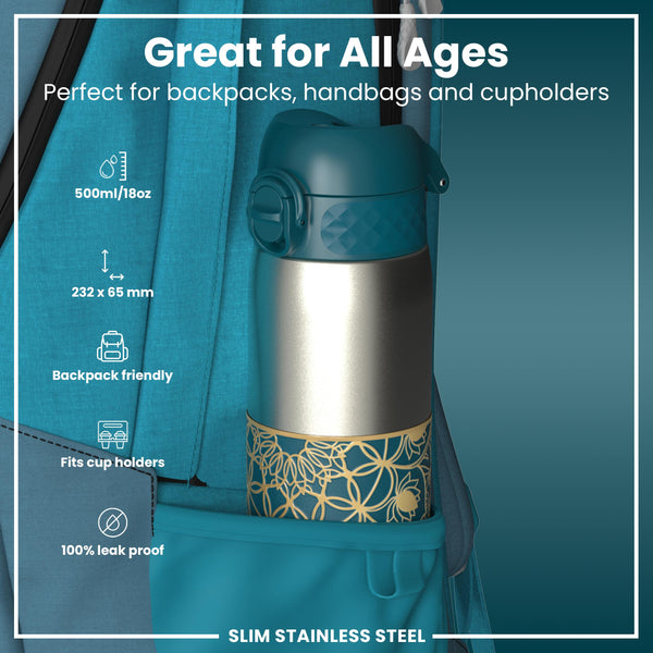 Leak Proof Slim Water Bottle, Stainless Steel, Half-Cut, Mandalas, 600ml (20oz)