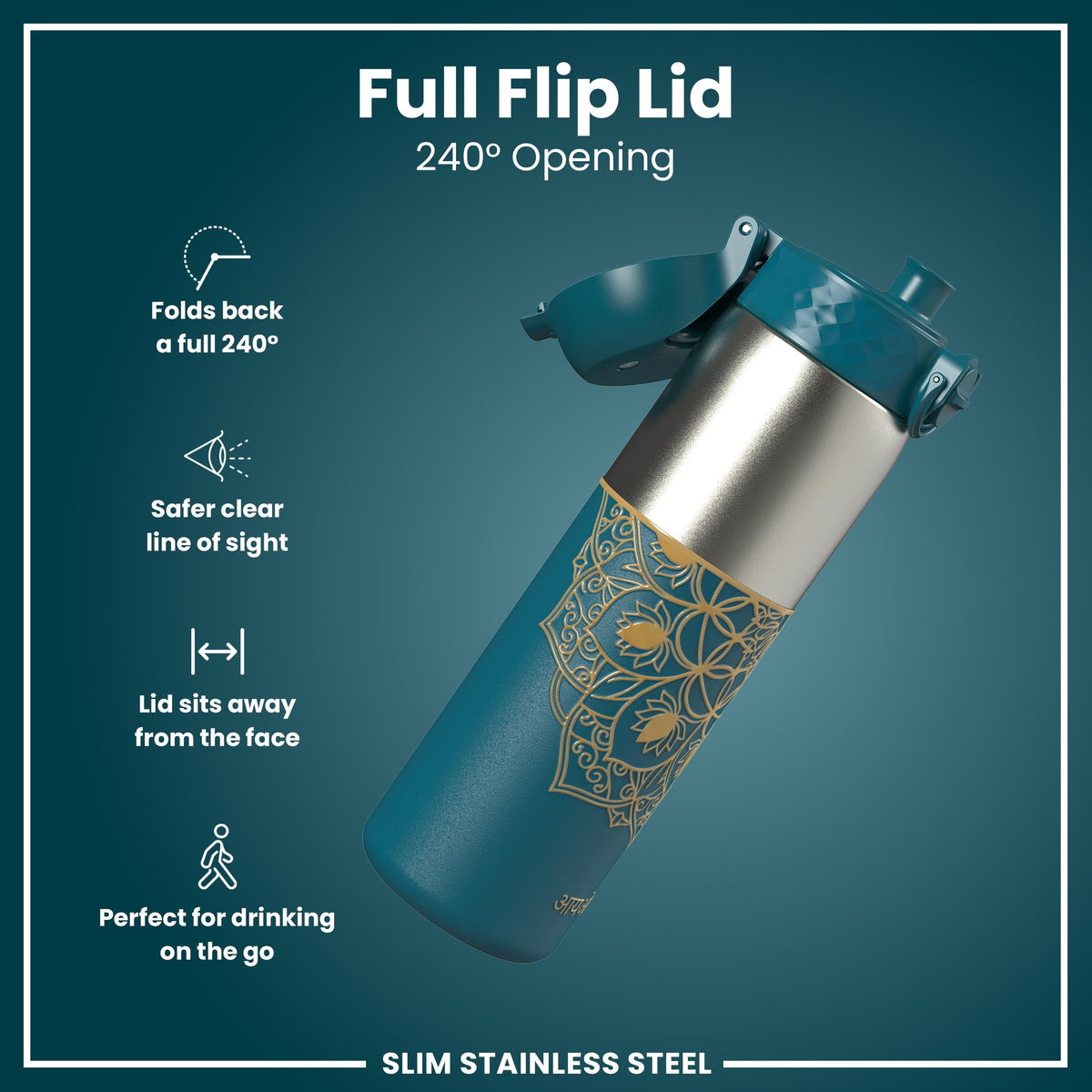 Leak Proof Slim Water Bottle, Stainless Steel, Half-Cut, Mandalas, 600ml (20oz)