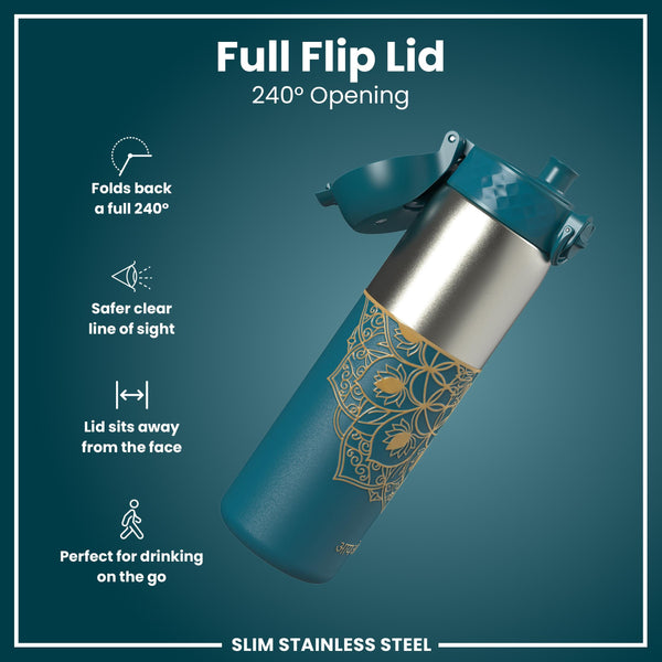 Leak Proof Slim Water Bottle, Stainless Steel, Half-Cut, Mandalas, 600ml (20oz)