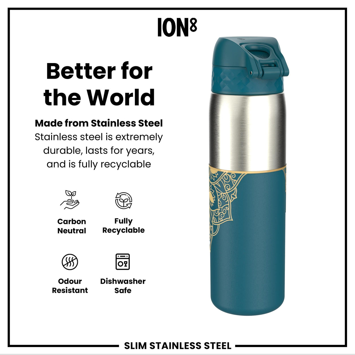 Leak Proof Slim Water Bottle, Stainless Steel, Half-Cut, Mandalas, 600ml (20oz)