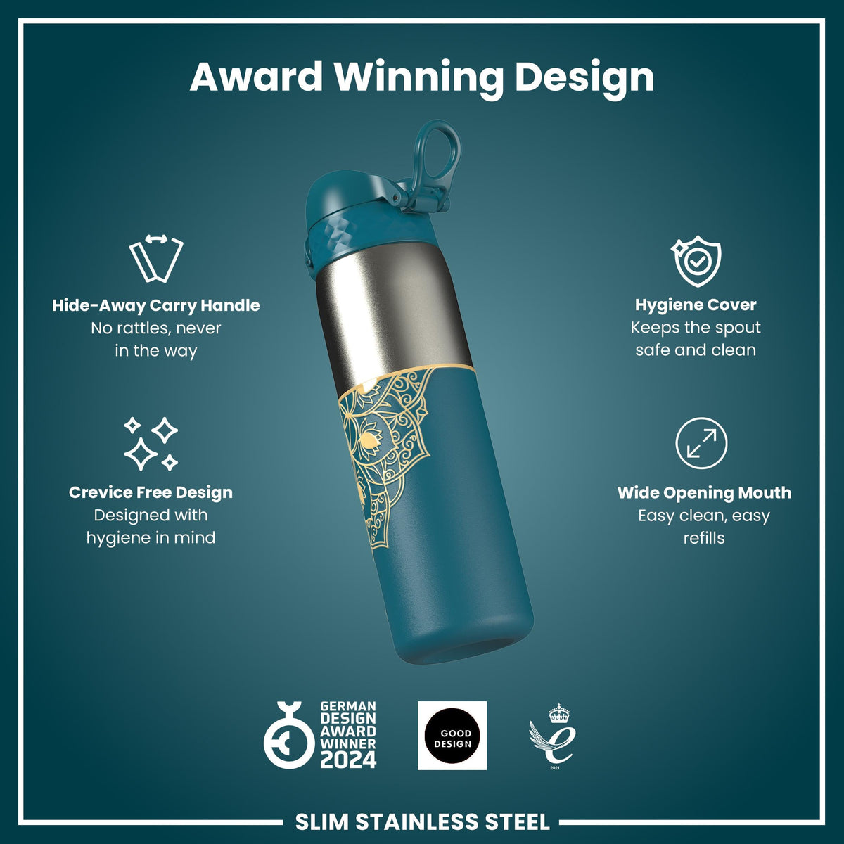 Leak Proof Slim Water Bottle, Stainless Steel, Half-Cut, Mandalas, 600ml (20oz)