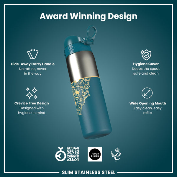 Leak Proof Slim Water Bottle, Stainless Steel, Half-Cut, Mandalas, 600ml (20oz)