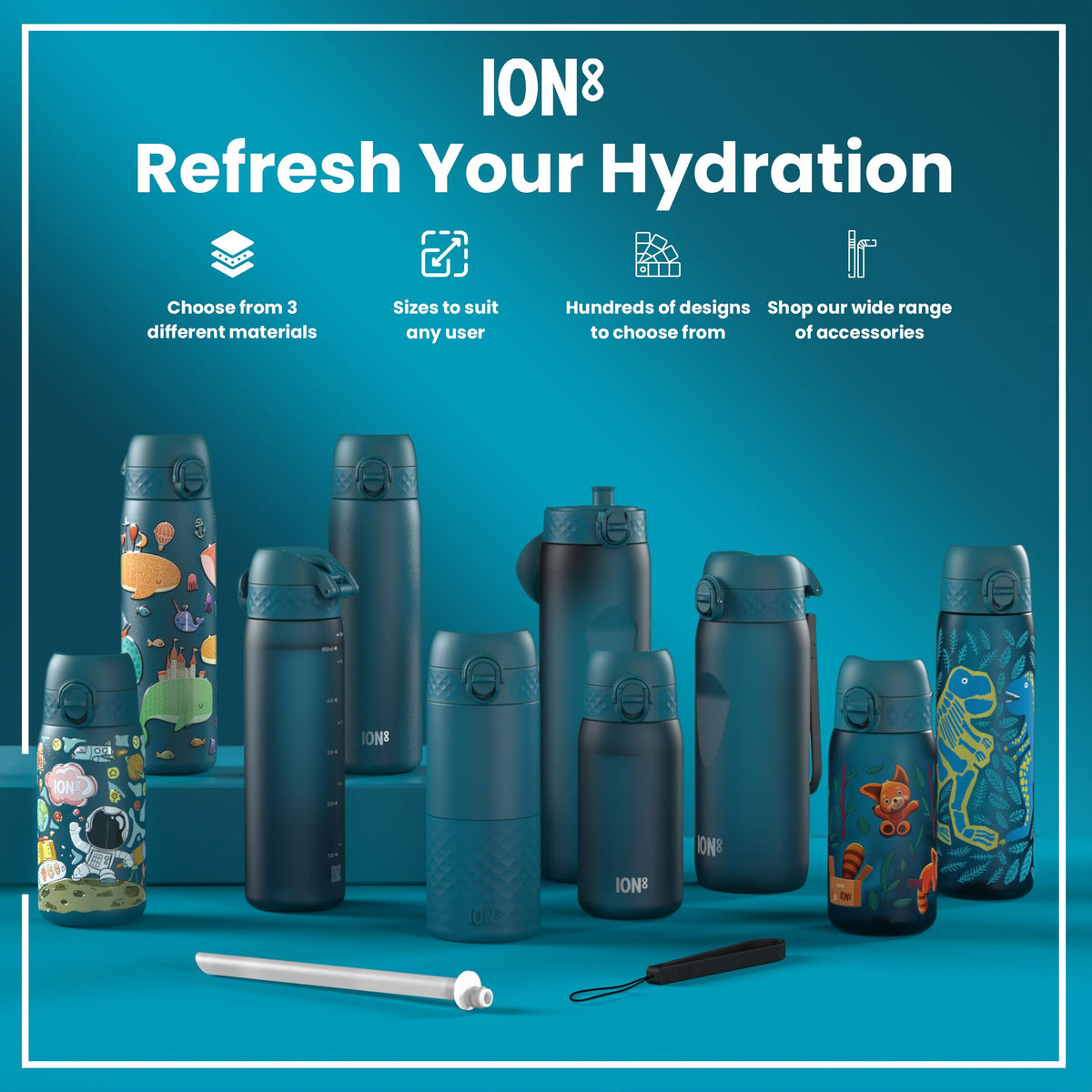 Leak Proof Slim Water Bottle, Stainless Steel, Half-Cut, Mandalas, 600ml (20oz)