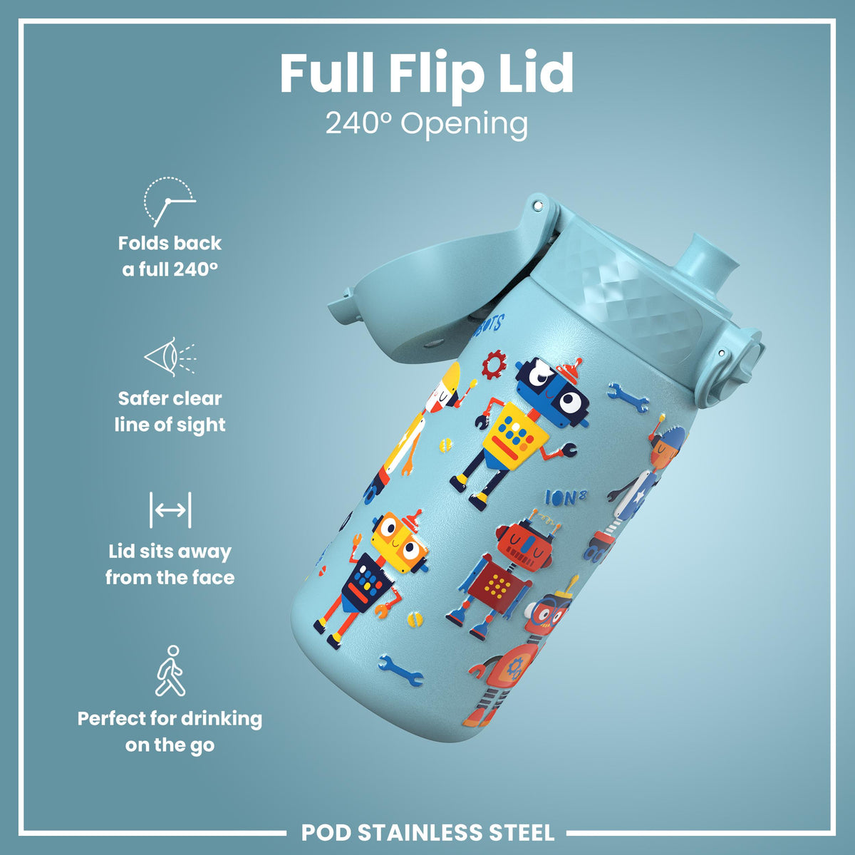 Leak Proof Water Bottle, Stainless Steel, Robots, 400ml (13oz)