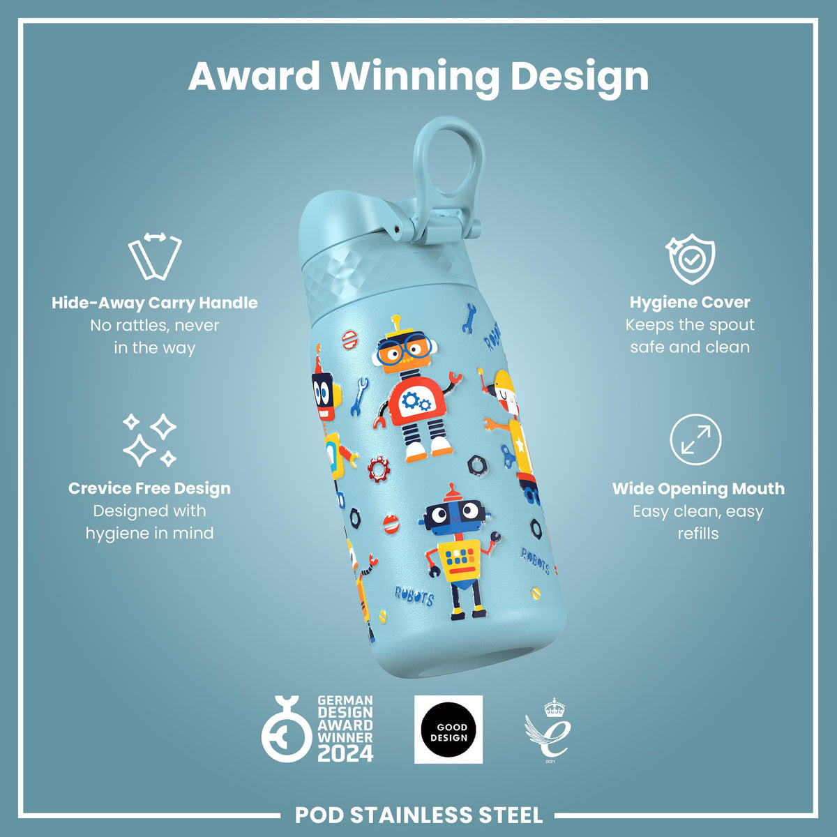 Leak Proof Water Bottle, Stainless Steel, Robots, 400ml (13oz)