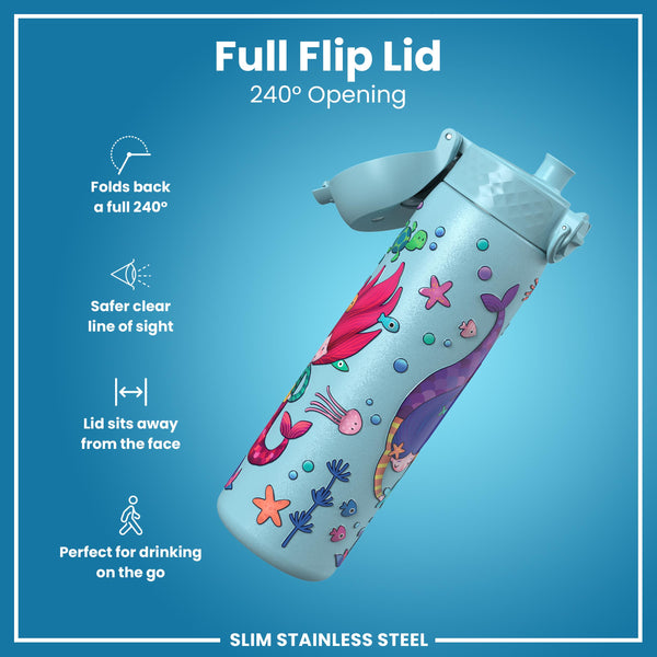 Leak Proof Slim Water Bottle, Stainless Steel, Mermaids, 600ml (20oz)