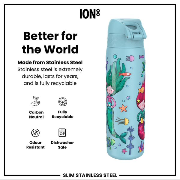 Leak Proof Slim Water Bottle, Stainless Steel, Mermaids, 600ml (20oz)