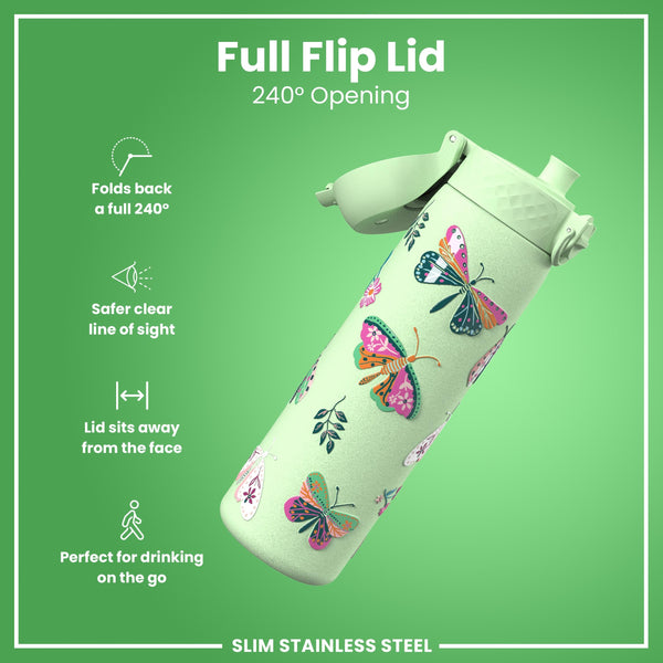 Leak Proof Slim Water Bottle, Stainless Steel, Wild Butterfly, 600ml (20oz)