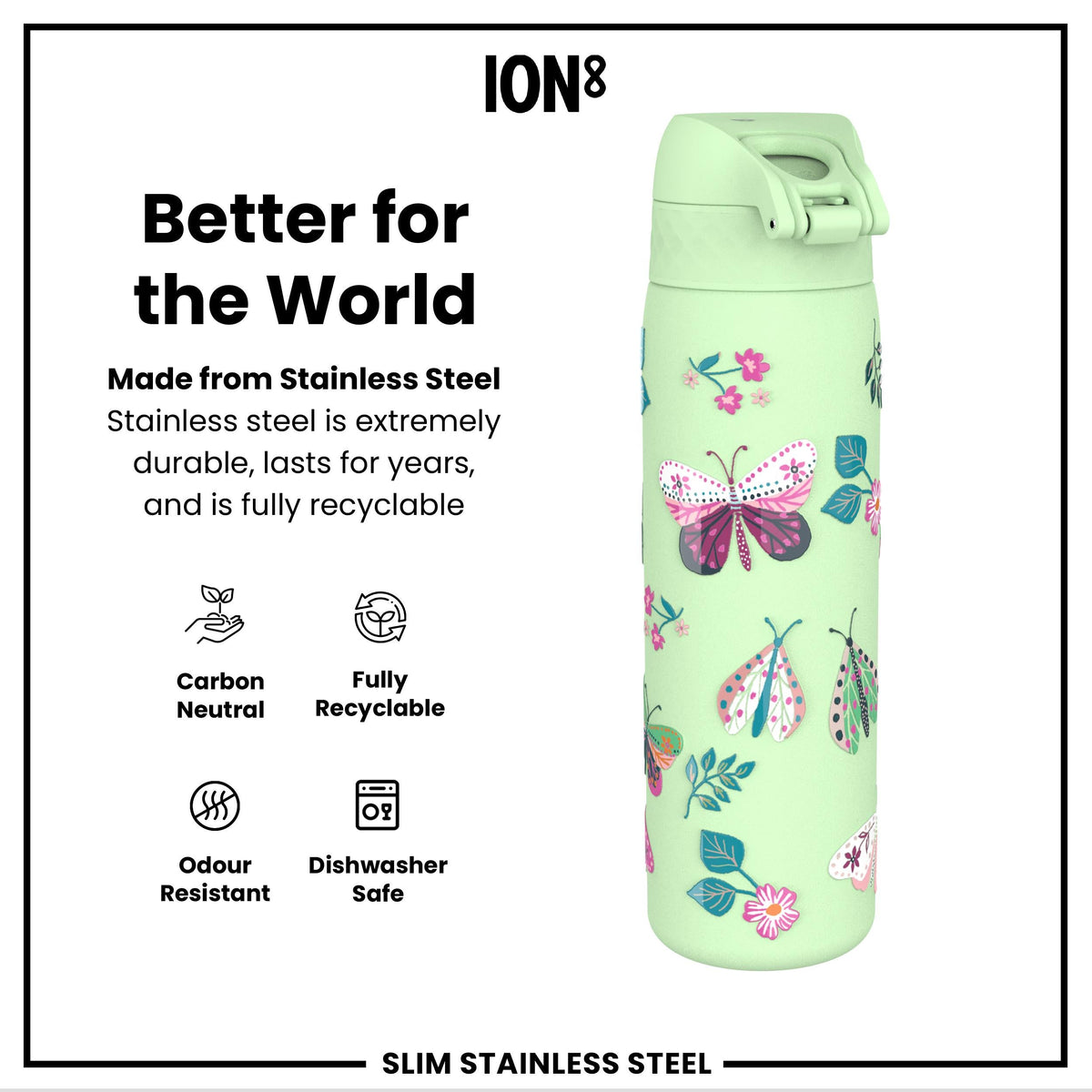 Leak Proof Slim Water Bottle, Stainless Steel, Wild Butterfly, 600ml (20oz)