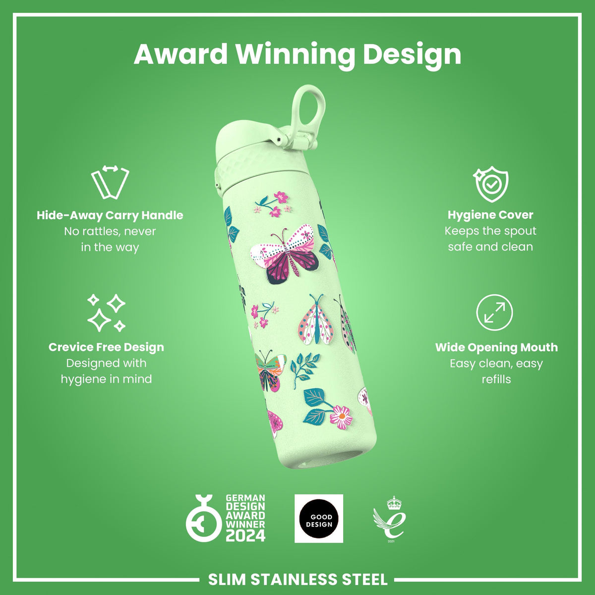Leak Proof Slim Water Bottle, Stainless Steel, Wild Butterfly, 600ml (20oz)