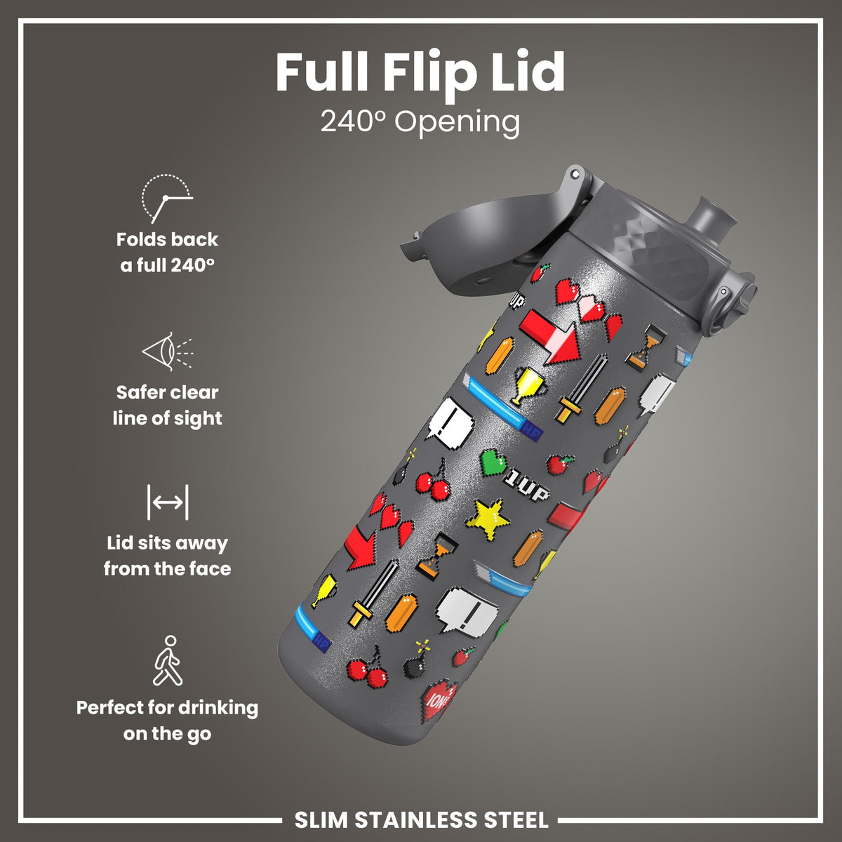 Leak Proof Slim Water Bottle, Stainless Steel, Gamer, 600ml (20oz)