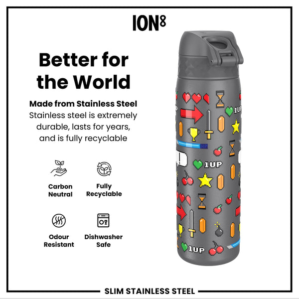 Leak Proof Slim Water Bottle, Stainless Steel, Gamer, 600ml (20oz)
