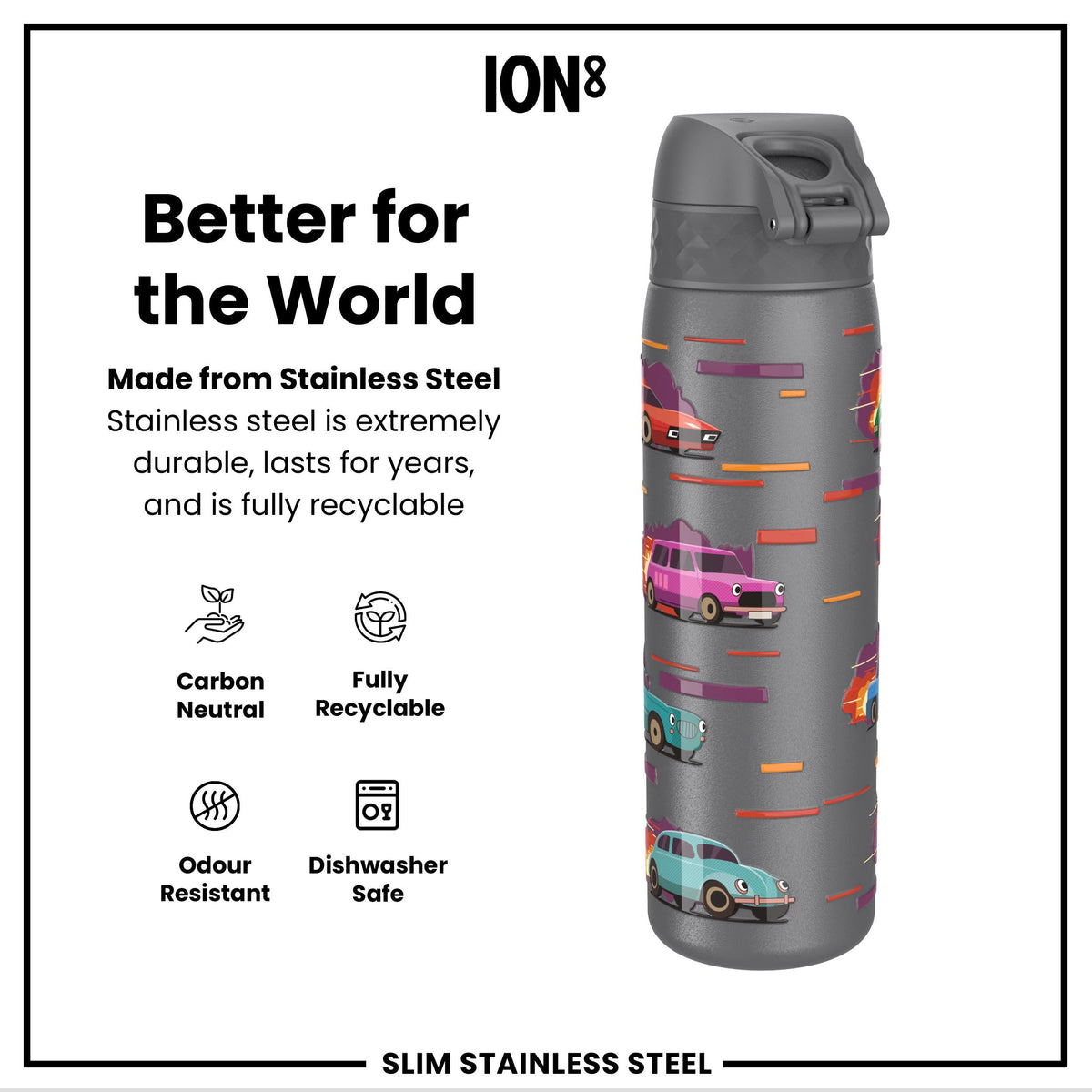 Leak Proof Slim Water Bottle, Stainless Steel, Sports Cars, 600ml (20oz)