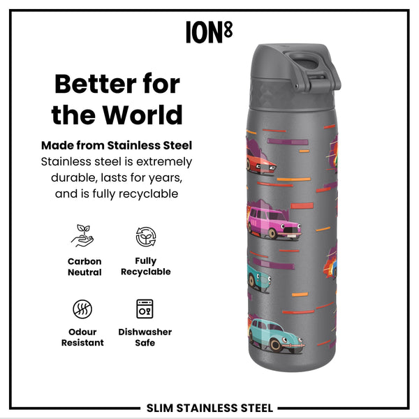 Leak Proof Slim Water Bottle, Stainless Steel, Sports Cars, 600ml (20oz)