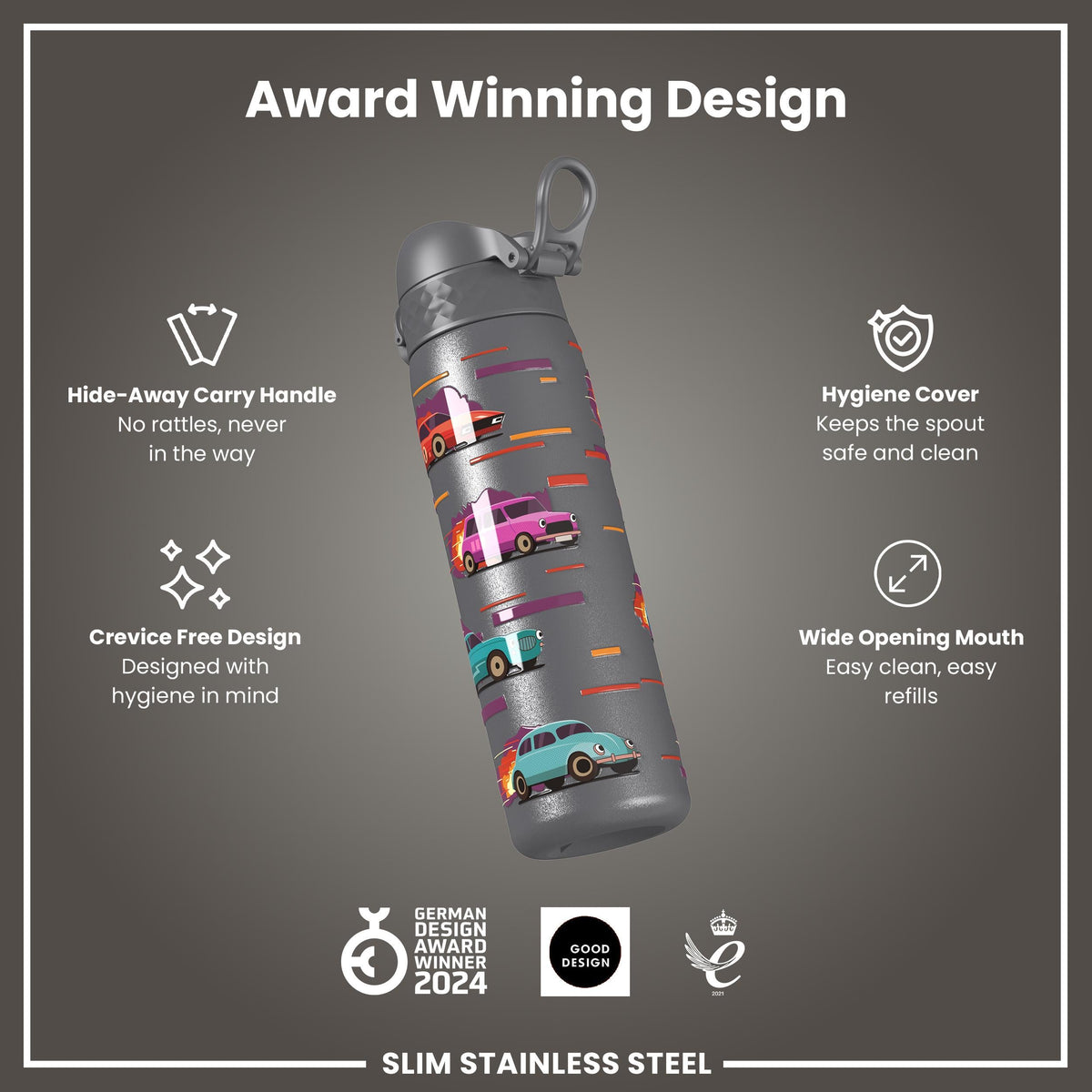Leak Proof Slim Water Bottle, Stainless Steel, Sports Cars, 600ml (20oz)
