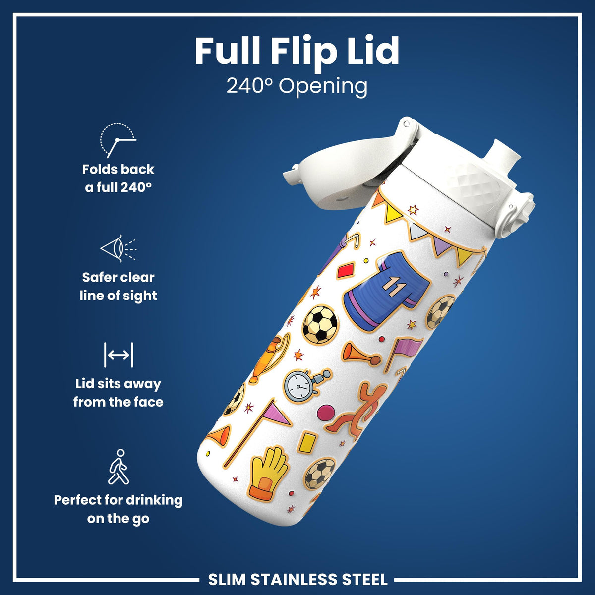 Leak Proof Slim Water Bottle, Stainless Steel, Football, 600ml (20oz)