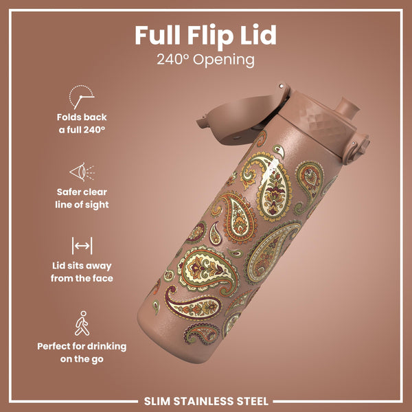 Leak Proof Slim Water Bottle, Stainless Steel, Paisley, 600ml (20oz)