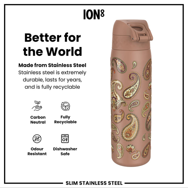 Leak Proof Slim Water Bottle, Stainless Steel, Paisley, 600ml (20oz)