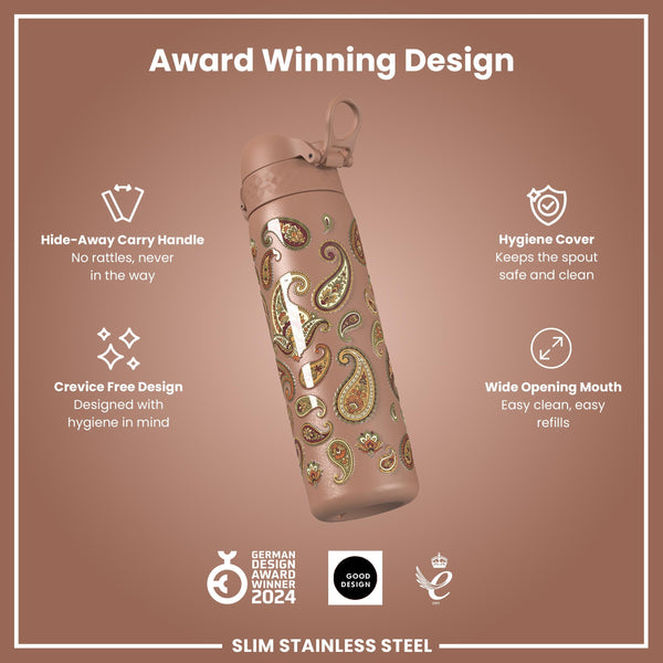 Leak Proof Slim Water Bottle, Stainless Steel, Paisley, 600ml (20oz)