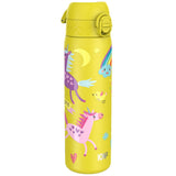 A yellow water bottle features colorful unicorns flying amidst clouds and rainbows. The lid is flip-top style. Text reads 