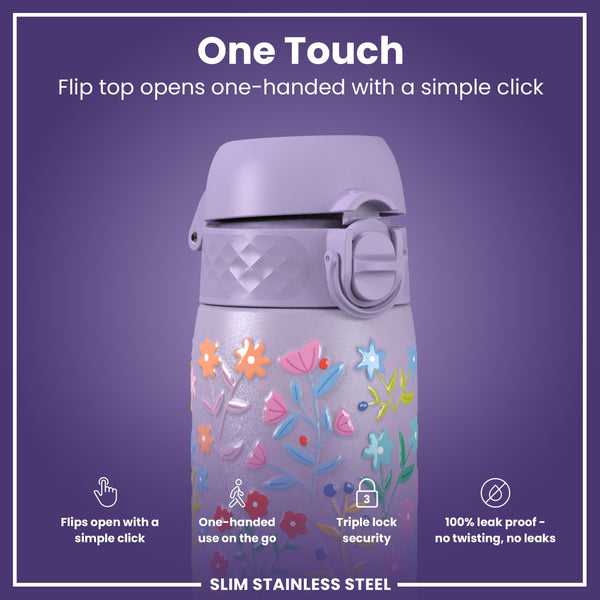 Leak Proof Slim Water Bottle, Stainless Steel, Delicate Floral, 600ml (20oz)