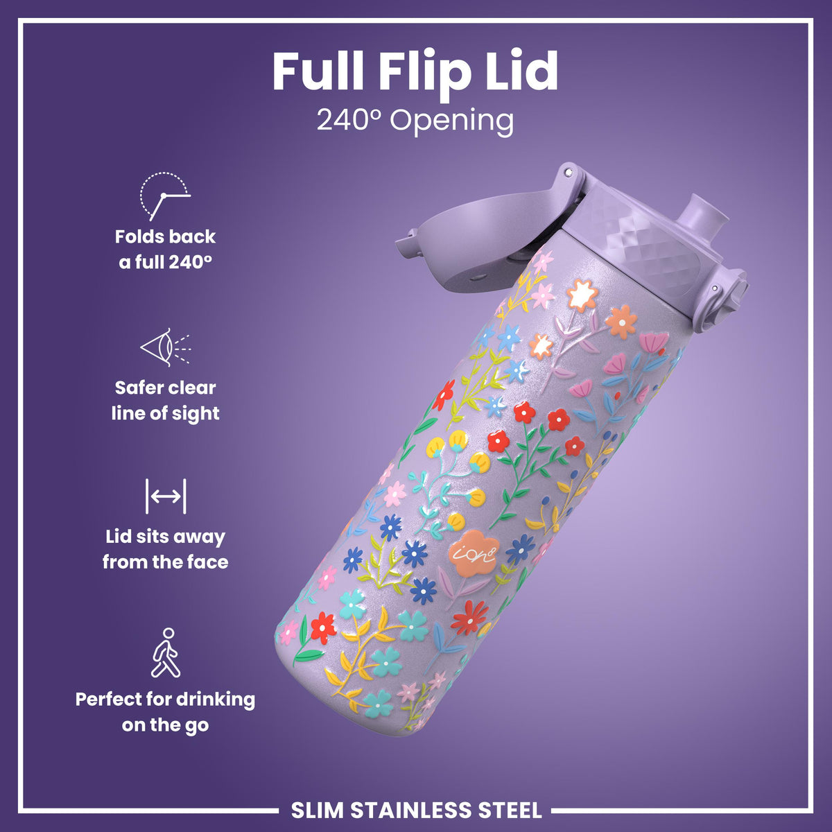 Leak Proof Slim Water Bottle, Stainless Steel, Delicate Floral, 600ml (20oz)