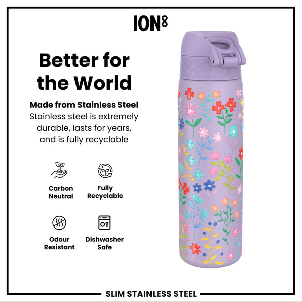Leak Proof Slim Water Bottle, Stainless Steel, Delicate Floral, 600ml (20oz)