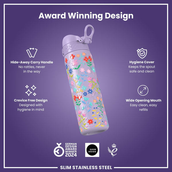 Leak Proof Slim Water Bottle, Stainless Steel, Delicate Floral, 600ml (20oz)