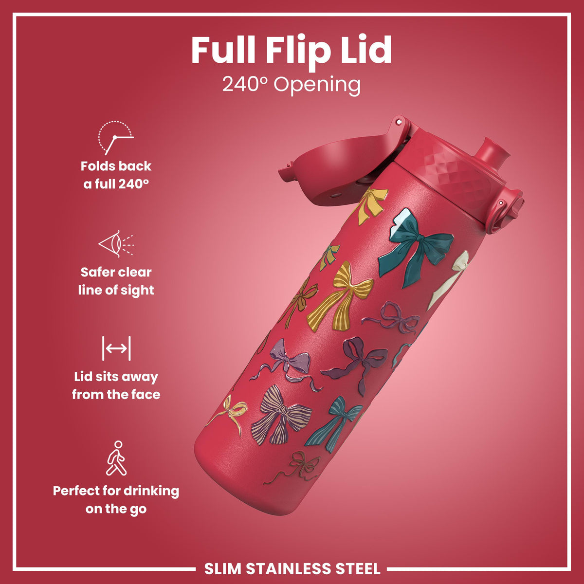 Leak Proof Slim Water Bottle, Stainless Steel, Bows, 600ml (20oz)