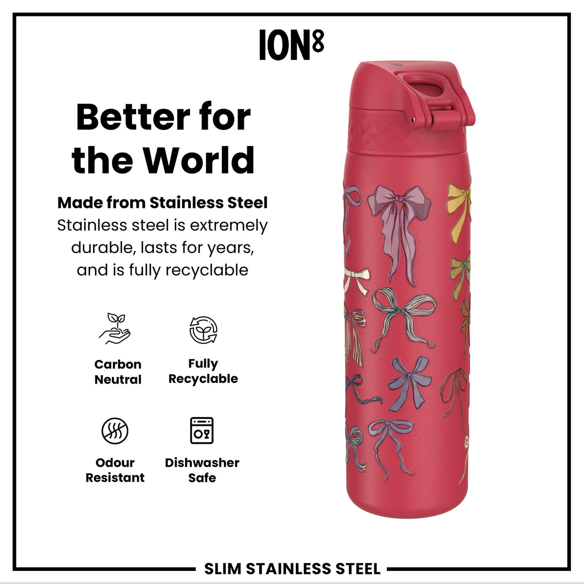 Leak Proof Slim Water Bottle, Stainless Steel, Bows, 600ml (20oz)