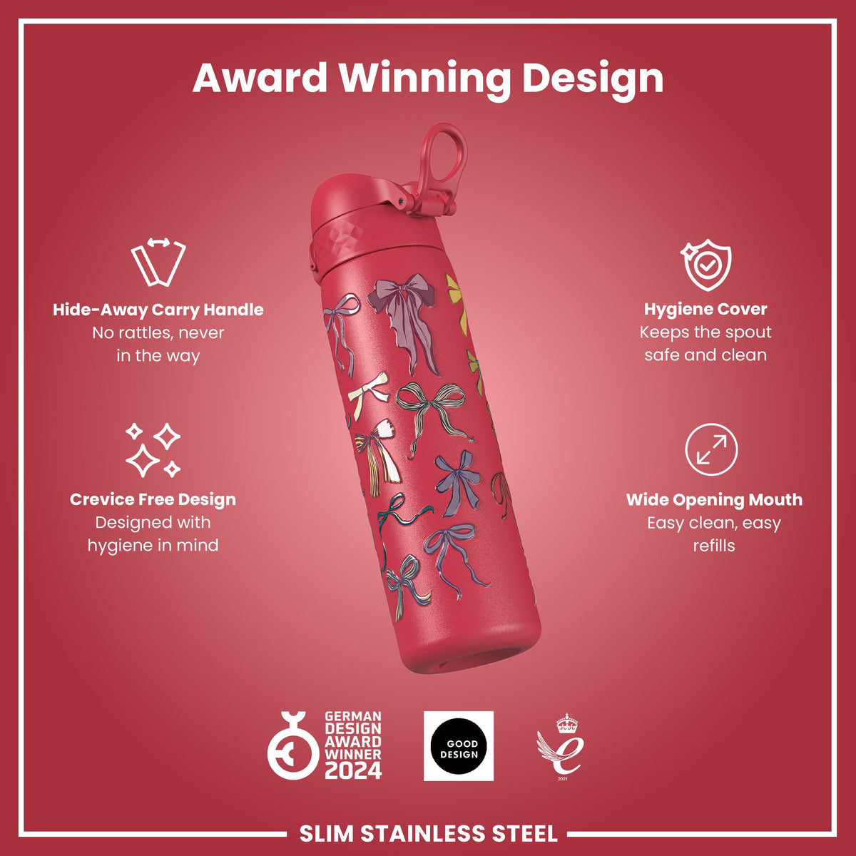 Leak Proof Slim Water Bottle, Stainless Steel, Bows, 600ml (20oz)