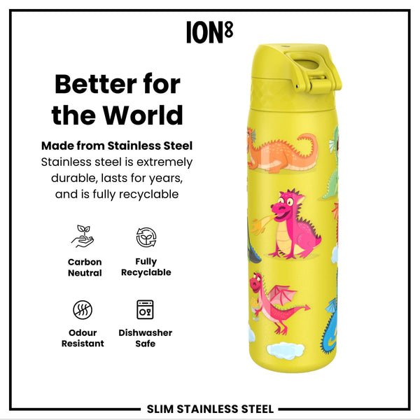 Leak Proof Slim Water Bottle, Stainless Steel, Dragons, 600ml (20oz)