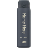A dark gray water bottle stands upright featuring a flip-top lid. The text reads Name Here or Here ION8 on its surface showing it in a customizable context.