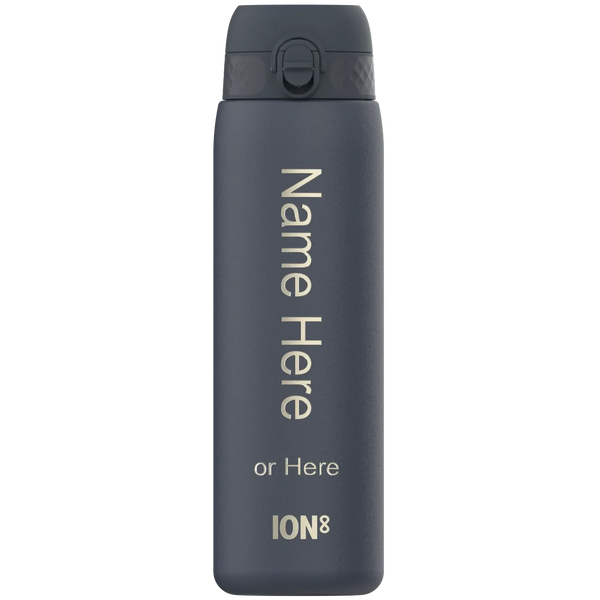 A dark gray water bottle stands upright featuring a flip-top lid. The text reads Name Here or Here ION8 on its surface showing it in a customizable context.
