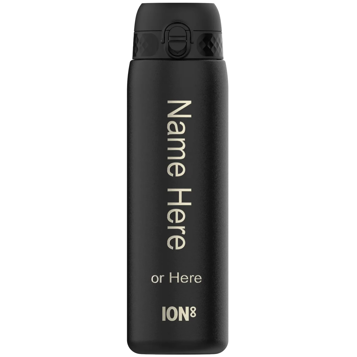 A black water bottle stands upright with the text "Name Here or Here ION8" printed vertically on its surface in an isolated setting.