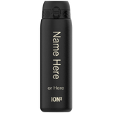 A black water bottle stands upright with the text 