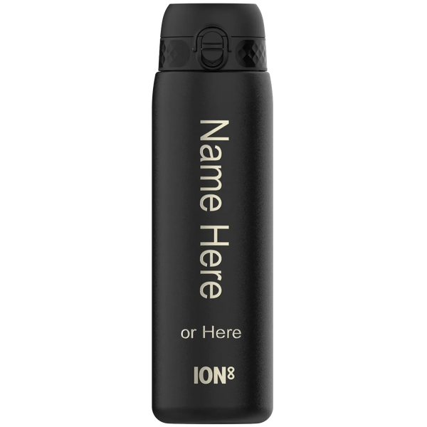 A black insulated bottle featuring a flip-top lid has the text "Name Here or Here ION8" printed vertically on its side.