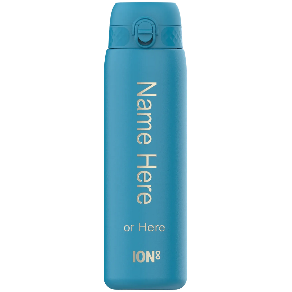A blue water bottle stands upright featuring a flip-top lid. Text on it reads "Name Here" or "Here" with "ION8" at the bottom.