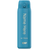 A blue water bottle stands upright featuring a flip-top lid. Text on it reads 