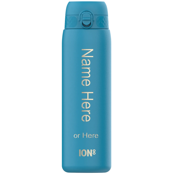 A blue water bottle stands upright featuring a flip-top lid. Text on it reads "Name Here" or "Here" with "ION8" at the bottom.