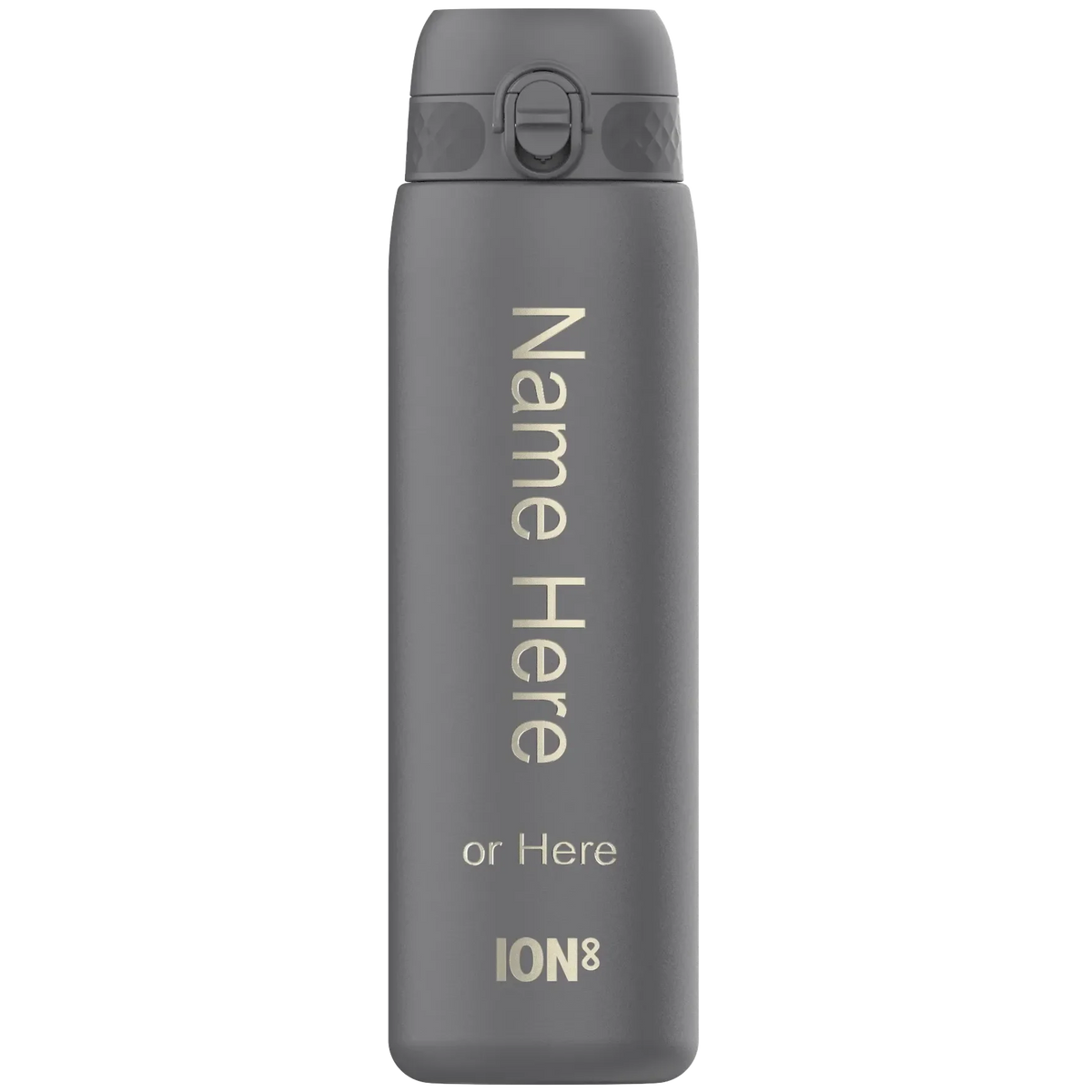 Gray water bottle standing upright with text "Name Here or Here ION8" printed vertically in white bold letters on its body against a plain white background