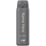 Gray water bottle stands upright displaying text 