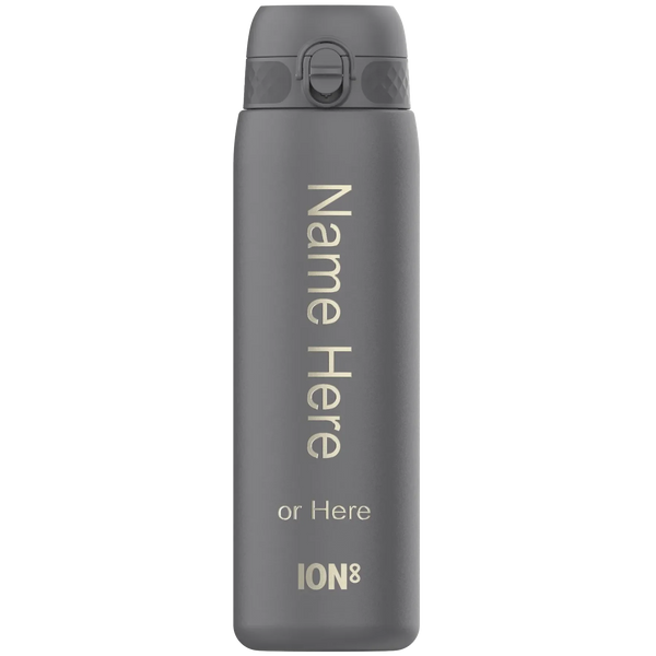 Gray water bottle stands upright displaying text "Name Here or Here ION8" with a flip-top lid against a plain white background.