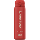 Red insulated water bottle standing upright displaying editable text Name Here or Here and brand ION8 on a plain white background
