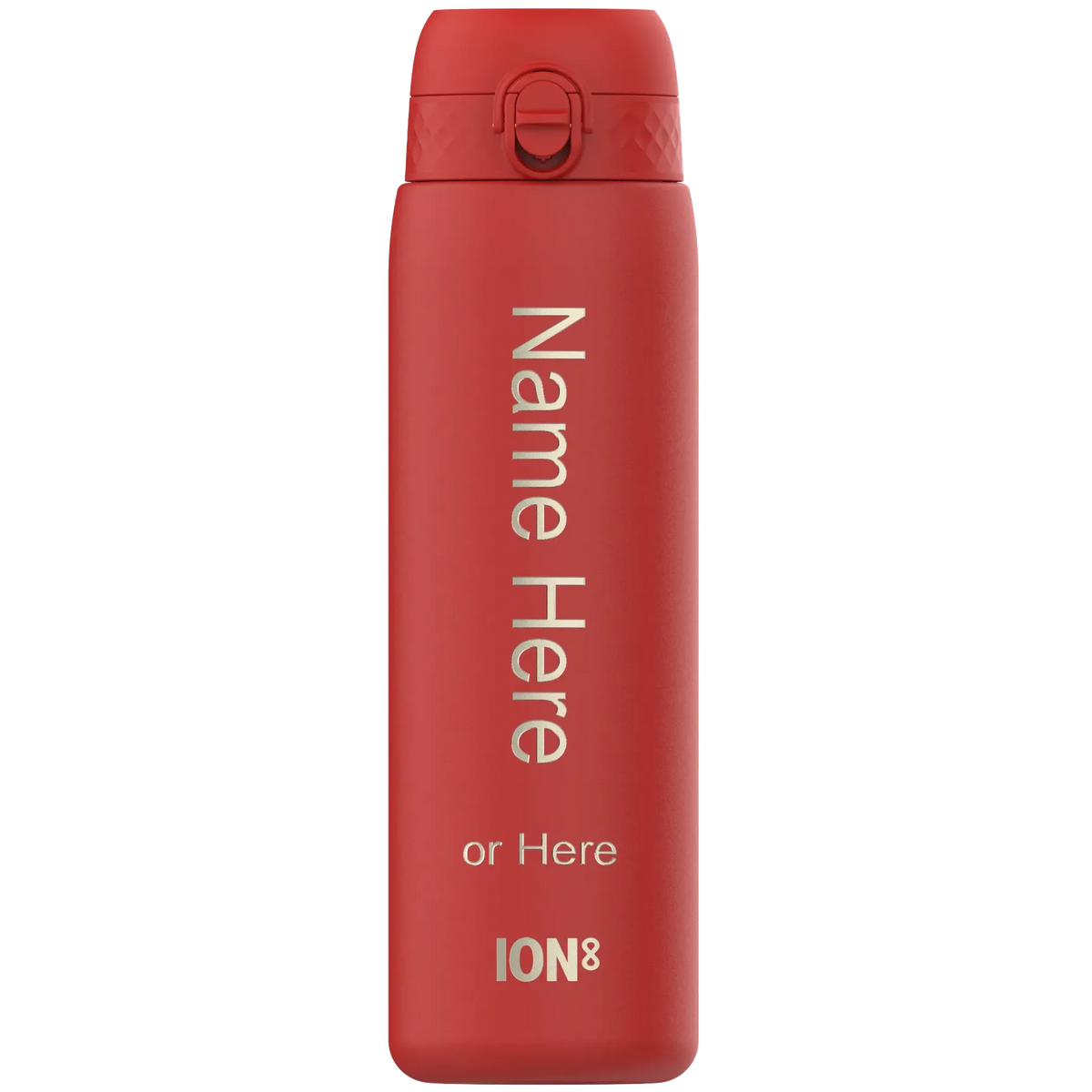 A red water bottle stands vertically with a flip-top lid. Text reads Name Here or Here ION8 indicating customization options. The background is plain white.